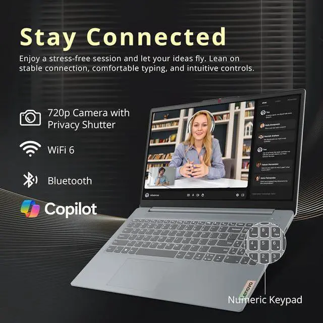 Alt view image 3 of 6 - Lenovo Ideapad Slim 3i 15.6" Full HD Business&Home Laptop, 13th Intel Core i5-1335U Upto 4.6GHz, 12GB DDR5 RAM, 256GB PCle SSD, Windows 11 Pro, Lifetime Microsoft Office License, Grey/Flash Drive