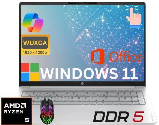 Main image of HP OmniBook3 16 AI PC Laptop 16" FHD+ Touchscreen AMD Ryzen 5 40 (Up to 4.3GHz 4 Core), 8GB DDR5,1TB SSD,AMD Radeon 610M, Lifetime Office, Windows 11 Home/ LED Mouse