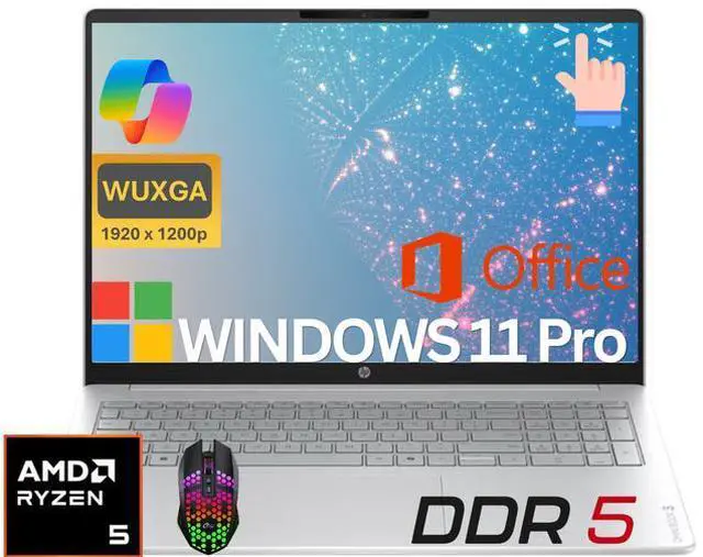 Main image of HP OmniBook3 16 AI PC Laptop 16" FHD+ Touchscreen AMD Ryzen 5 40 (Up to 4.3GHz 4 Core), 8GB DDR5, 512GB SSD,AMD Radeon 610M, Lifetime Office, Windows 11 Pro/ LED Mouse