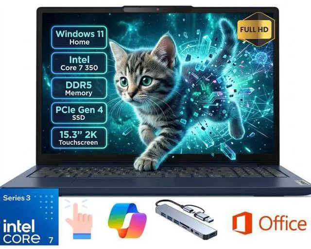 Main image of Lenovo Ideapad Slim 3i 15.3" Full HD Touch 120Hz Business&Home Laptop, Intel Core 7 350 Beat I7-13620H, 16GB DDR5 RAM, 256GB PCle SSD, Windows 11 Home, Lifetime Microsoft Office License, Blue/HUB