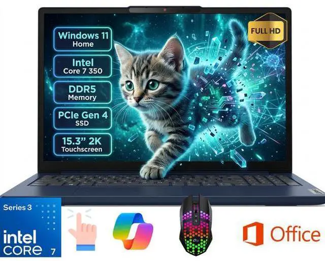 Main image of Lenovo Ideapad Slim 3i 15.3" Full HD Touch 120Hz Business&Home Laptop, Intel Core 7 350 Beat I7-13620H, 16GB DDR5 RAM, 1TB PCle SSD, Windows 11 Home, Lifetime Microsoft Office License, Blue/LED Mouse