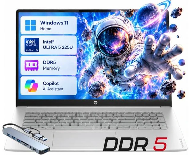 Main image of HP OmniBook3 17 AI PC Laptop 17.3" FHD IPS Display Intel Ultra 5 225U (Beats i5-1334U) Up to 4.8GHz 12 Core, 32GB DDR5, 512GB SSD, Wi-Fi 7 Windows 11 Home/ HUB
