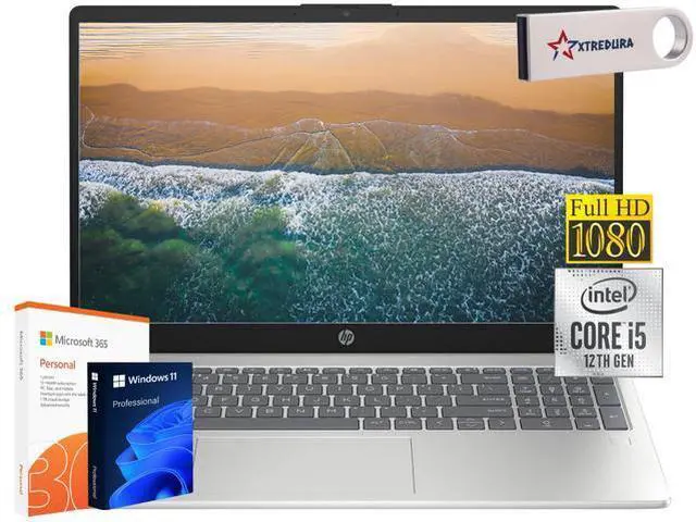 Main image of HP 15 Home & Business Laptop Full HD (1920 x1080) Intel i5-1235U 10-Core,24GB RAM,2TB SSD,Up to 4.4 GHZ, 15",Wifi, Bluetooth, Webcam, Silver, Windows 11 Home Office 365/XTREDURA FLASH DRIVE