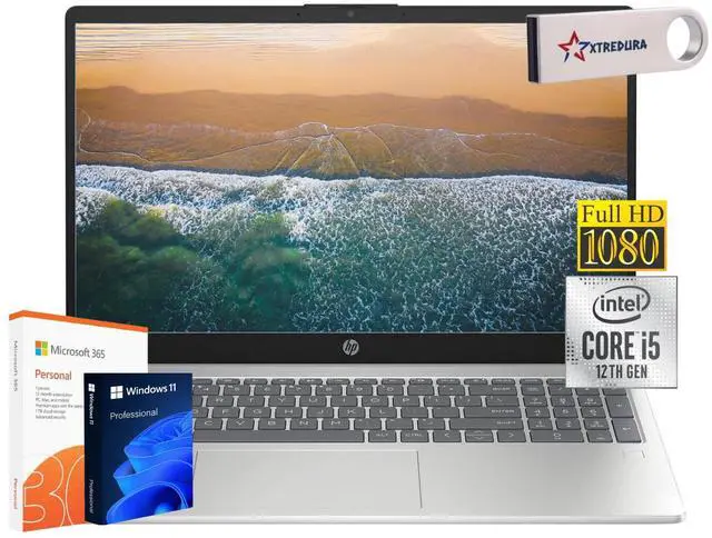 Main image of HP 15 Home & Business Laptop Full HD (1920 x1080) Intel i5-1235U 10-Core,32GB RAM,256GB SSD,Up to 4.4 GHZ, 15",Wifi, Bluetooth, Webcam, Silver, Windows 11 Pro Office 365/XTREDURA FLASH DRIVE