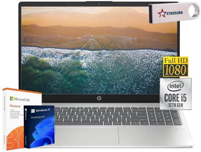 Main image of HP 15 Home & Business Laptop Full HD (1920 x1080) Intel i5-1235U 10-Core,8GB RAM,512GB SSD,Up to 4.4 GHZ, 15",Wifi, Bluetooth, Webcam, Silver, Windows 11 Pro Office 365/XTREDURA FLASH DRIVE