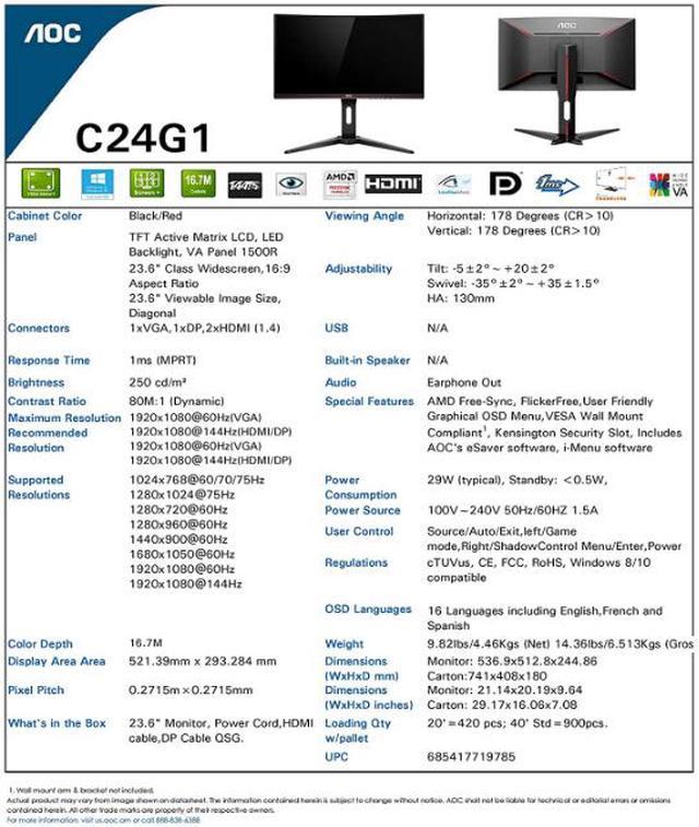 AOC C24G1 24 Curved Frameless Gaming Monitor, FHD 1080p, 1500R VA panel,  1ms 144Hz, FreeSync, Height adjustable, VESA, 3-Year Zero Dead Pixels Black  : Electronics 