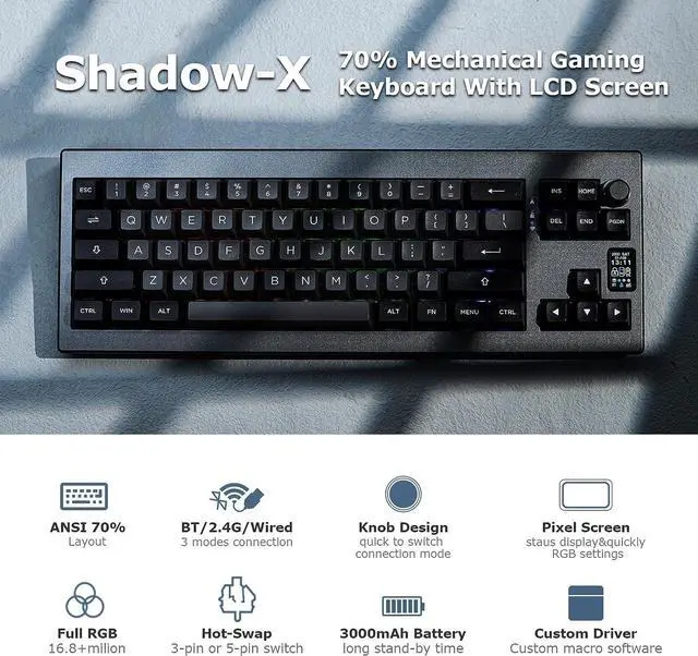 Alt view image 2 of 7 - EPOMAKER Shadow-X Gasket Mechanical Keyboard, Hot Swappable 2.4ghz/Bluetooth/USB-C Wired Wireless Gaming Keyboard, with Screen, 3000mAh Battery, Poron Foam, Silicon Pad, NKRO, RGB for Gaming/Office