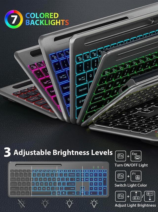 Wireless Keyboard and Mouse, 7 Backlit Effects, Quiet Light Up Keys, Sleep  Mode, Phone Holder - Rechargeable Cordless Combo with Type C Adapter for