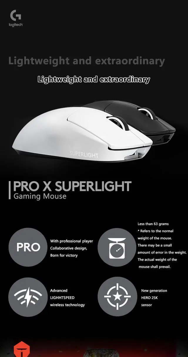 Alt view image 5 of 7 - Logitech G PRO X Superlight Wireless Gaming Mouse, Ultra-Lightweight, Hero 25K Sensor, 25,600 DPI, 5 Programmable Buttons, Long Battery Life, Compatible with PC/Mac