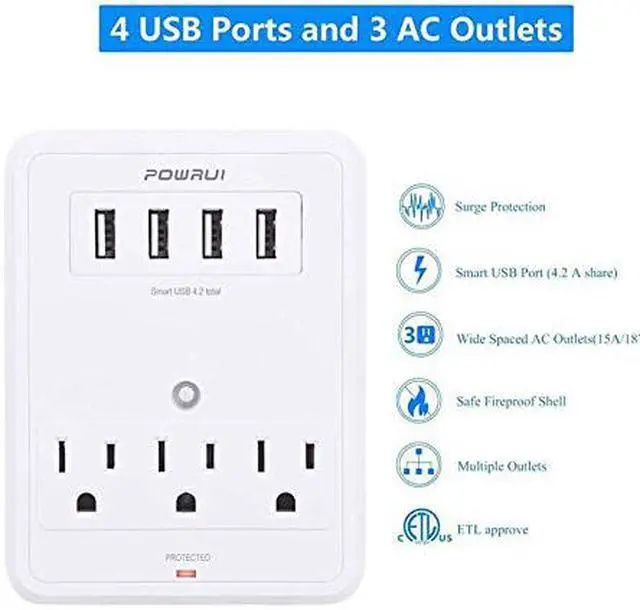 Alt view image 2 of 6 - POWRUI Multi Wall Outlet Adapter Surge Protector 1680 Joules with 4-USB Ports Wall Charger, Wall Mount Charging Center 3 Outlet Wall Mount Adapter for Home, School, Office, ETL Certified