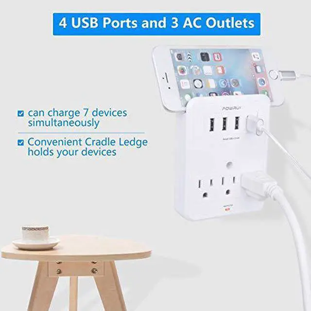 Alt view image 3 of 6 - POWRUI Multi Wall Outlet Adapter Surge Protector 1680 Joules with 4-USB Ports Wall Charger, Wall Mount Charging Center 3 Outlet Wall Mount Adapter for Home, School, Office, ETL Certified