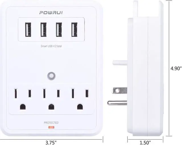 Alt view image 4 of 6 - POWRUI Multi Wall Outlet Adapter Surge Protector 1680 Joules with 4-USB Ports Wall Charger, Wall Mount Charging Center 3 Outlet Wall Mount Adapter for Home, School, Office, ETL Certified