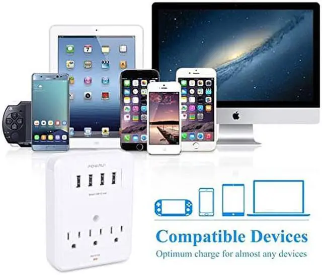 Alt view image 5 of 6 - POWRUI Multi Wall Outlet Adapter Surge Protector 1680 Joules with 4-USB Ports Wall Charger, Wall Mount Charging Center 3 Outlet Wall Mount Adapter for Home, School, Office, ETL Certified