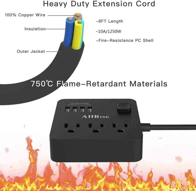 Alt view image 2 of 5 - POWRUI Extension Cord, Power Strip with 3 AC Outlets and 4 USB Charging Ports(5V/4.8A, 24W) for Smartphone Tablets Home, Office, Hotel, Cruise Ship, 5 Ft, ETL Listed, Black(AHRISE )