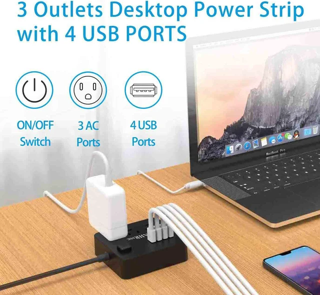 Alt view image 3 of 5 - POWRUI Extension Cord, Power Strip with 3 AC Outlets and 4 USB Charging Ports(5V/4.8A, 24W) for Smartphone Tablets Home, Office, Hotel, Cruise Ship, 5 Ft, ETL Listed, Black(AHRISE )