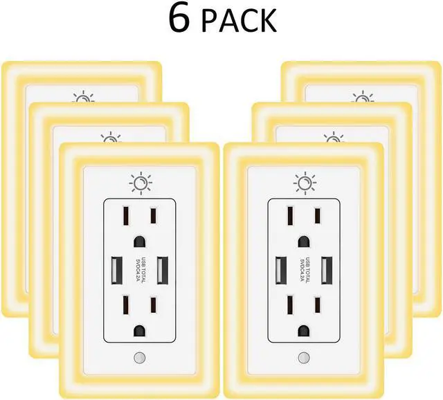 Main image of POWRUI USB Wall outlet, 15A Duplex Receptacle with Dual USB ports (5V/4.2A) and Dusk-to-Dawn Sensor Night Light, ETL Certified, 6 Pack