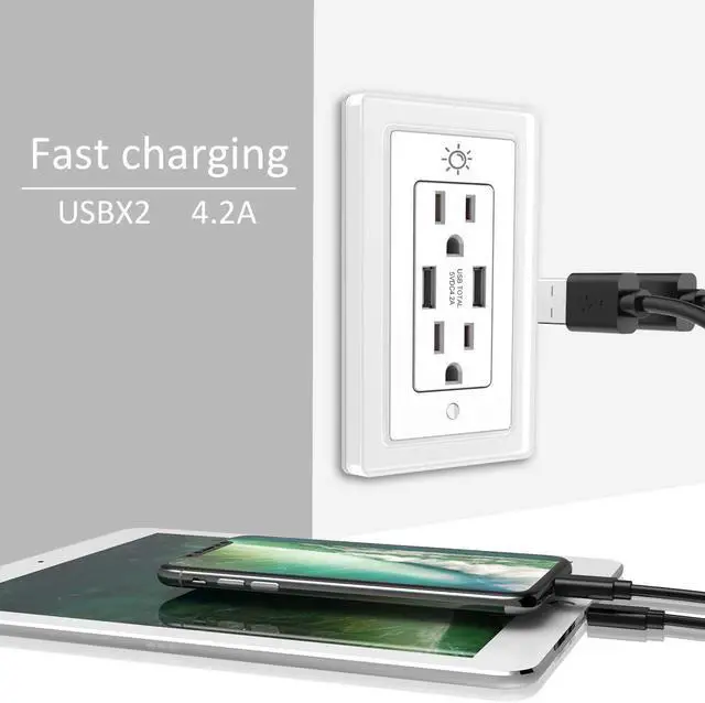 Alt view image 4 of 7 - POWRUI USB Wall outlet, 15A Duplex Receptacle with Dual USB ports (5V/4.2A) and Dusk-to-Dawn Sensor Night Light, ETL Certified, 6 Pack