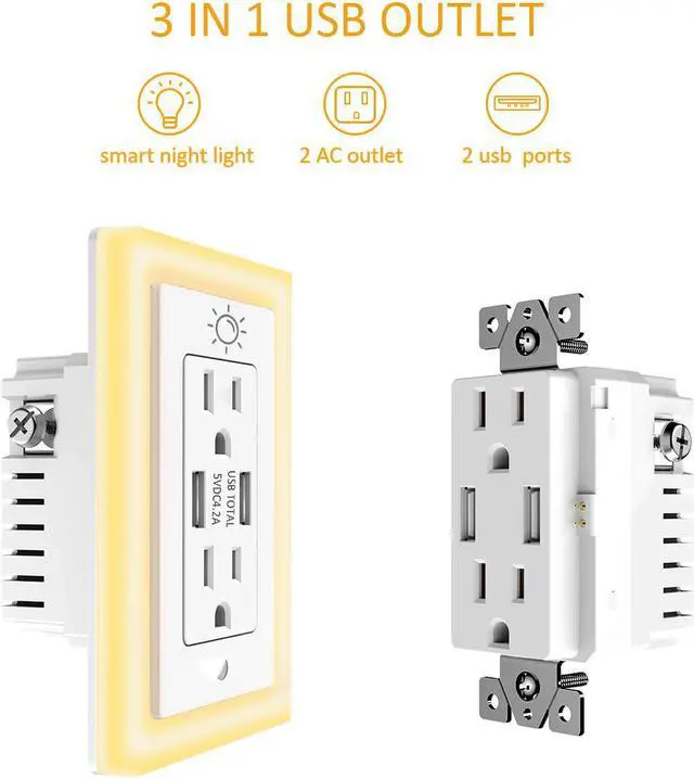 Alt view image 2 of 7 - POWRUI USB Wall outlet, 15A Duplex Receptacle with Dual USB ports (5V/4.2A) and Dusk-to-Dawn Sensor Night Light, ETL Certified, 6 Pack