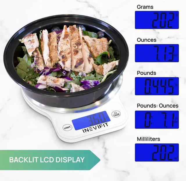 Alt view image 4 of 7 - INEVIFIT DIGITAL KITCHEN SCALE, Highly Accurate Multifunction Food Scale 13 lbs 6kgs Max, Clean Modern White with Premium Stainless Steel Finish. Includes Batteries & 5-Year Warranty