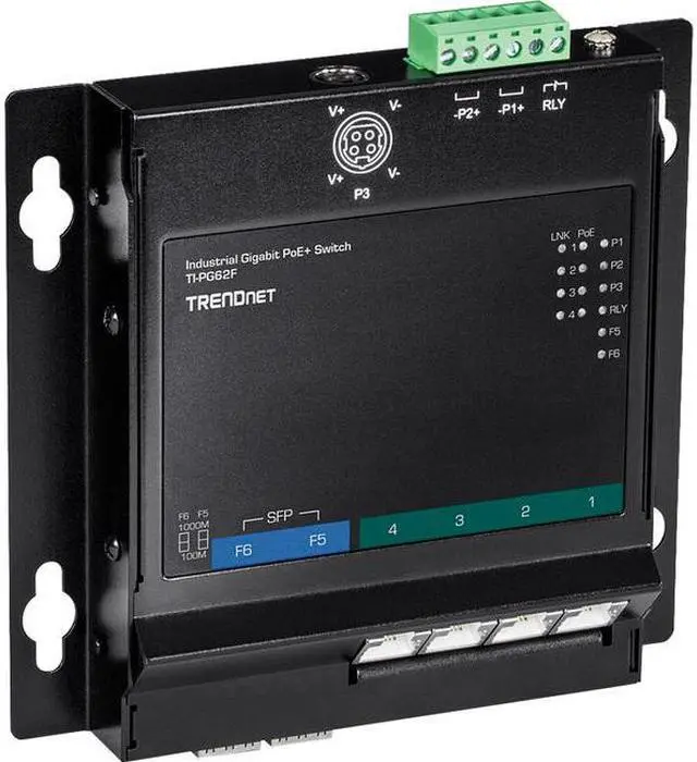 Alt view image 8 of 10 - TRENDnet 6-Port Industrial Gigabit PoE+ Wall-Mounted Front Access Switch, TI-PG62F, 4 x Gigabit PoE+ Ports, 2 x Gigabit SFP Slots, DIN-Rail, Wall Mount Brackets Included, IP30, 120W PoE Budget