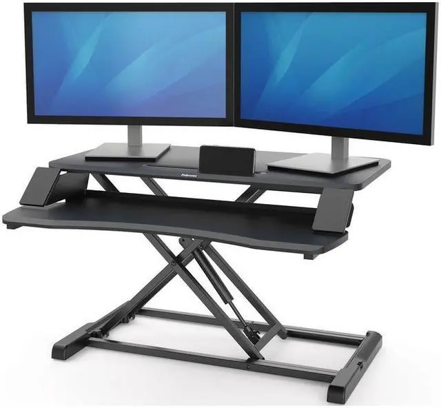 Alt view image 2 of 17 - fellowes corsivo height adjustable standing desk, sit to stand, gas spring riser converter, tabletop workstation, desk riser 8091001