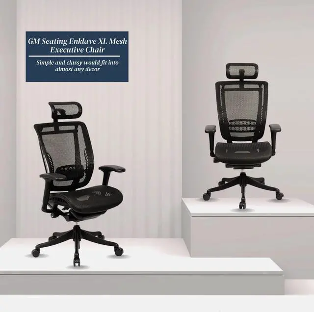 Alt view image 8 of 12 - GM Seating Enklave Black Mesh Executive Hi Swivel Chair with Headrest, Black Frame & Base - OEM