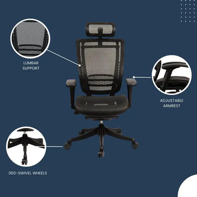 Alt view image 9 of 12 - GM Seating Enklave Black Mesh Executive Hi Swivel Chair with Headrest, Black Frame & Base - OEM