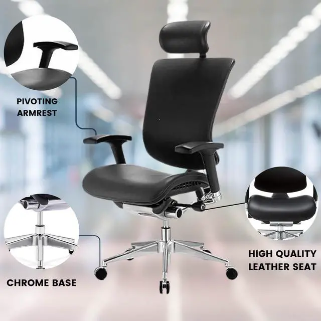 Alt view image 8 of 12 - GM Seating Dreem III Leather Series Executive Hi Swivel Chair Chrome Base with Headrest, Genuine Black Leather