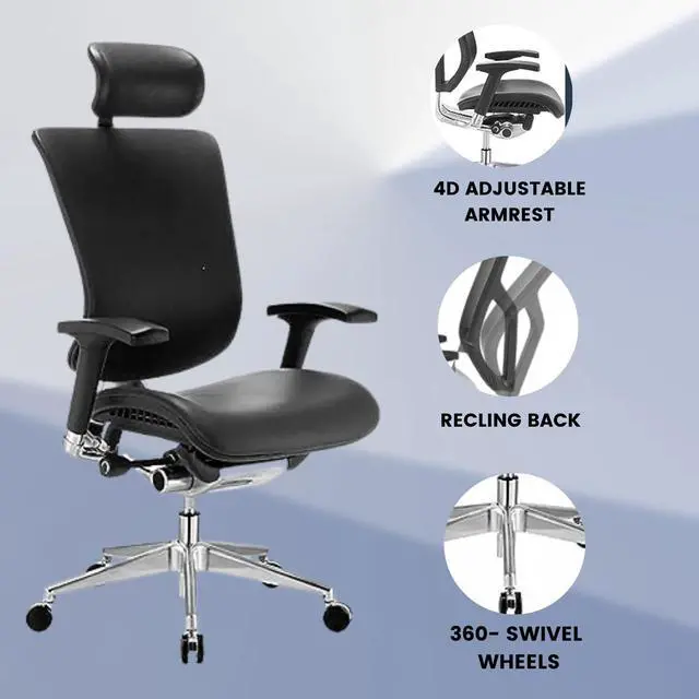 Alt view image 10 of 12 - GM Seating Dreem III Leather Series Executive Hi Swivel Chair Chrome Base with Headrest, Genuine Black Leather