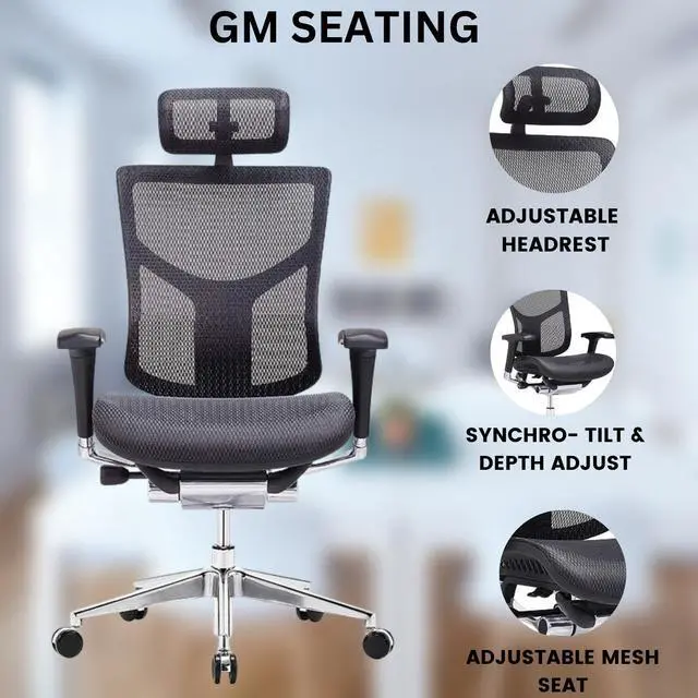Alt view image 11 of 11 - GM Seating Dreem XL Luxury Mesh Series Executive Hi Swivel Chair Chrome Base with Headrest, Black, Seat Slider - OEM