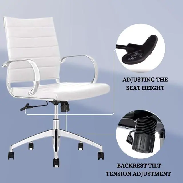 Alt view image 2 of 6 - GM Seating Ribbed Mid-Back Conference Room Chairs - Lumbar Support, Modern Style Executive Chair for Home and Office - 360 Swivel Rolling Wheels - Aluminum Chrome Frame & Base - White