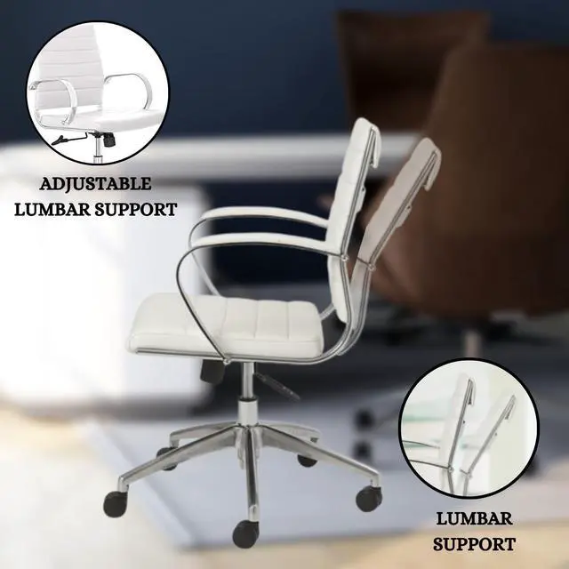 Alt view image 4 of 6 - GM Seating Ribbed Mid-Back Conference Room Chairs - Lumbar Support, Modern Style Executive Chair for Home and Office - 360 Swivel Rolling Wheels - Aluminum Chrome Frame & Base - White