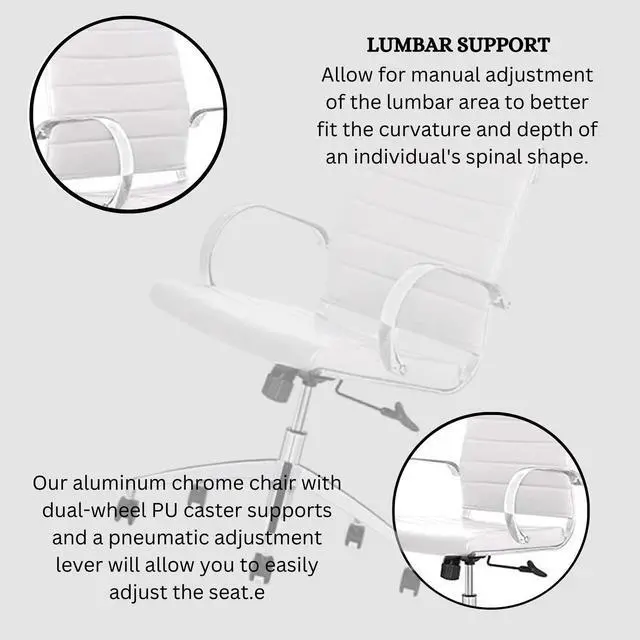 Alt view image 5 of 6 - GM Seating Ribbed Mid-Back Conference Room Chairs - Lumbar Support, Modern Style Executive Chair for Home and Office - 360 Swivel Rolling Wheels - Aluminum Chrome Frame & Base - White