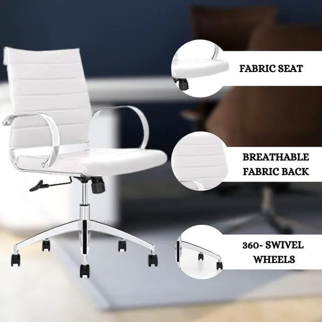 Alt view image 6 of 6 - GM Seating Ribbed Mid-Back Conference Room Chairs - Lumbar Support, Modern Style Executive Chair for Home and Office - 360 Swivel Rolling Wheels - Aluminum Chrome Frame & Base - White