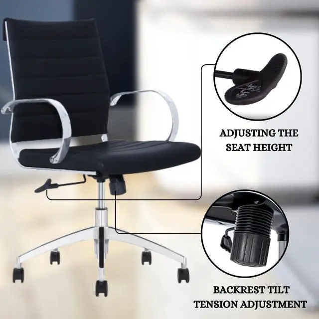 Alt view image 2 of 6 - GM Seating Ribbed Mid Back Desk Chair - Lumbar Support, Modern Style Executive Chair for Home and Office - 360 Swivel Rolling Wheels - Aluminum Chrome Frame & Base - Black