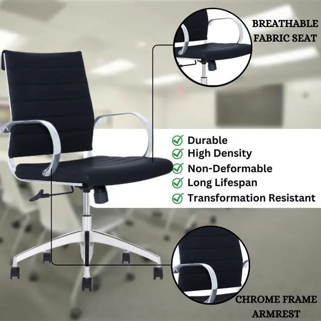 Alt view image 3 of 6 - GM Seating Ribbed Mid Back Desk Chair - Lumbar Support, Modern Style Executive Chair for Home and Office - 360 Swivel Rolling Wheels - Aluminum Chrome Frame & Base - Black