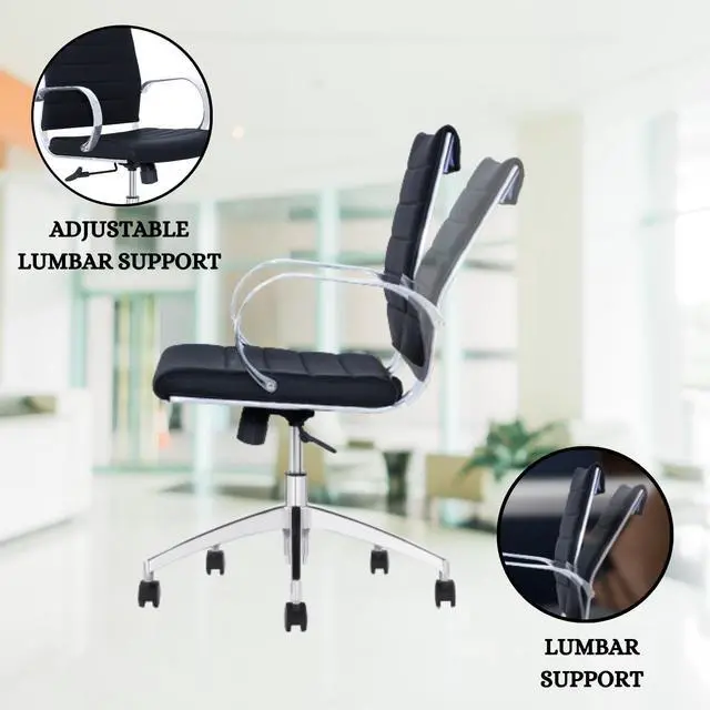 Alt view image 4 of 6 - GM Seating Ribbed Mid Back Desk Chair - Lumbar Support, Modern Style Executive Chair for Home and Office - 360 Swivel Rolling Wheels - Aluminum Chrome Frame & Base - Black