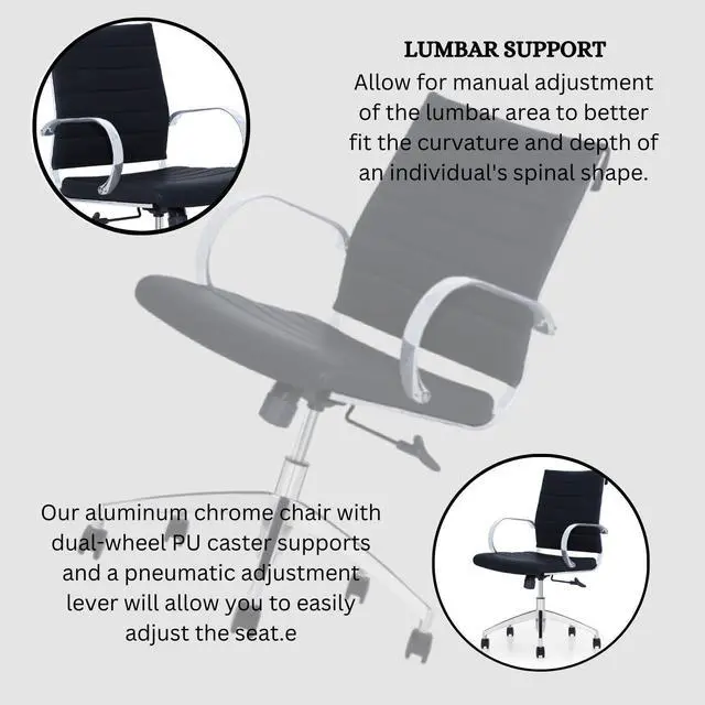 Alt view image 5 of 6 - GM Seating Ribbed Mid Back Desk Chair - Lumbar Support, Modern Style Executive Chair for Home and Office - 360 Swivel Rolling Wheels - Aluminum Chrome Frame & Base - Black