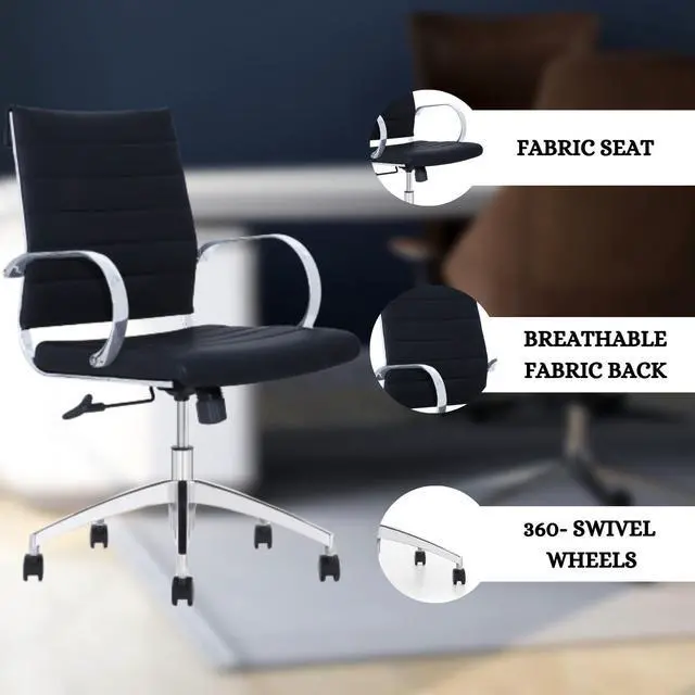 Alt view image 6 of 6 - GM Seating Ribbed Mid Back Desk Chair - Lumbar Support, Modern Style Executive Chair for Home and Office - 360 Swivel Rolling Wheels - Aluminum Chrome Frame & Base - Black