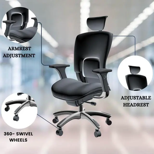 Alt view image 5 of 9 - GM Seating Ergolux Genuine Leather Executive Hi Swivel Chair Chrome Base with Headrest, Black