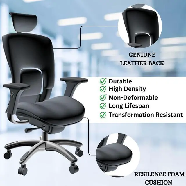Alt view image 6 of 9 - GM Seating Ergolux Genuine Leather Executive Hi Swivel Chair Chrome Base with Headrest, Black