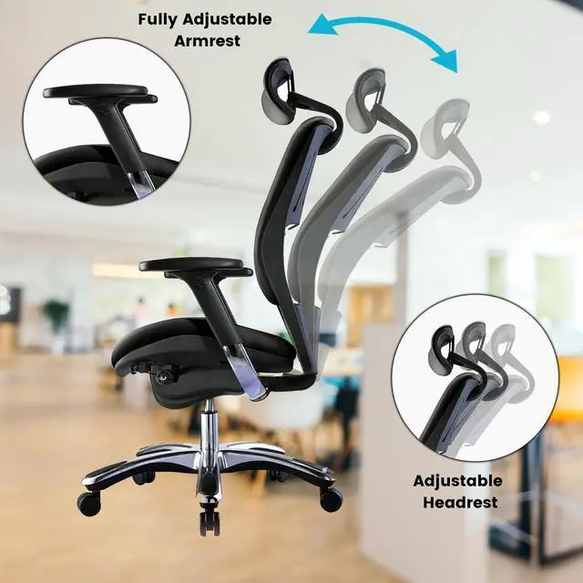 Alt view image 7 of 9 - GM Seating Ergolux Genuine Leather Executive Hi Swivel Chair Chrome Base with Headrest, Black
