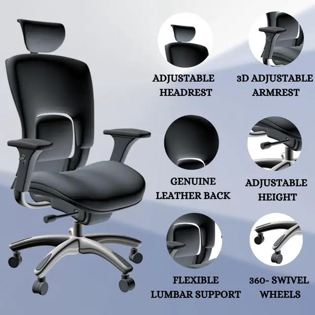 Alt view image 9 of 9 - GM Seating Ergolux Genuine Leather Executive Hi Swivel Chair Chrome Base with Headrest, Black