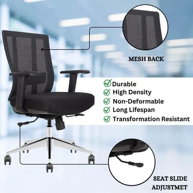 Alt view image 3 of 6 - GM Seating Ergonomic Office Chair Mesh Back with Seat Slide - Adjustable Lumbar Support Computer Desk Chair with Height Adjustable Arms - 5-Star Polished Aluminum Base