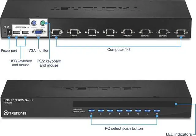 Alt view image 4 of 8 - TRENDnet TK-803R 8-Port Usb/Ps/2 Rack Mount Kvm Switch (Black)