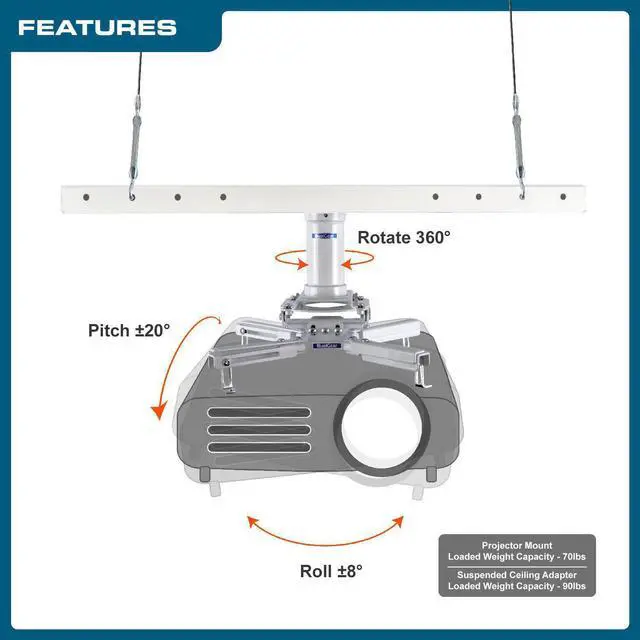 Alt view image 3 of 15 - QualGear® Pro-AV QG-KIT-S2-3IN-W Projector Mounting Kit - Projector Mount, Suspended Ceiling Adapter, a 3 inch 1.5-Inch NPT Threaded Pipe in White