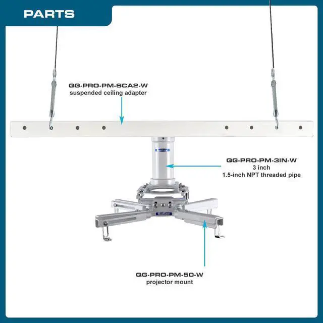 Alt view image 6 of 15 - QualGear® Pro-AV QG-KIT-S2-3IN-W Projector Mounting Kit - Projector Mount, Suspended Ceiling Adapter, a 3 inch 1.5-Inch NPT Threaded Pipe in White