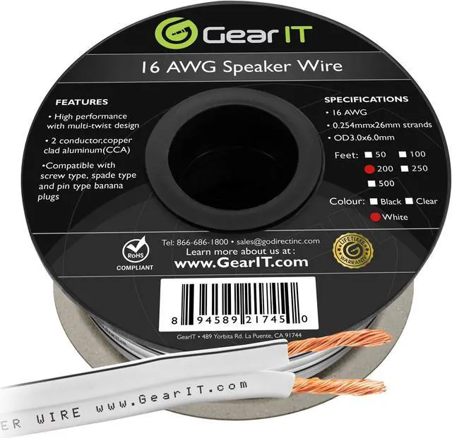Alt view image 4 of 13 - 16 Gauge Speaker Wire, GearIT 200 ft 16AWG for Home Theater / Car Audio / Outdoor Installation High Quality Speaker Wires, White