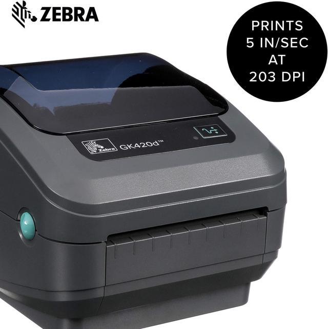 Zebra GK420t Monochrome Desktop Direct Thermal/Thermal Transfer Label  Printer with Fast Ethernet Technology, 5 in/s Print Speed, 203 dpi Print  Resolution, 4.09 Print Width, 100/240V AC