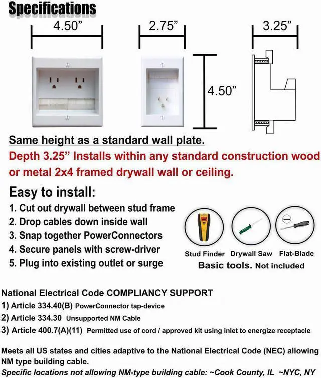 Alt view image 8 of 12 - PowerBridge TWO-CK Dual Outlet Recessed In-Wall Cable Management System with PowerConnect for Wall-Mounted Flat Screen LED, LCD, and Plasma TVs